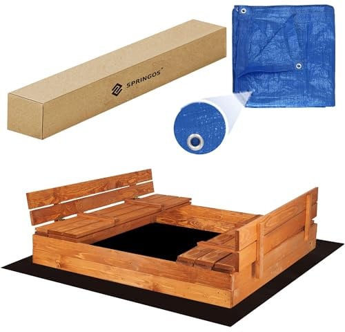 Bac à sable avec couvercle - 150 x 150 cm - Bac à sable en bois avec bancs imprégnés et résistants aux intempéries - Couvercle pliable - Sécurité enfants + non-tissé et bâche SPRINGOS