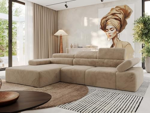 MKS MEBLE Ecksofa mit relaxfunktion elektrisch, Sofa L-Form - Rilasso - Beige Plüsch Links