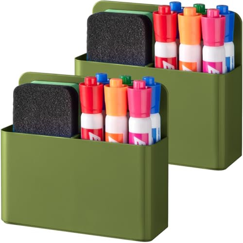 BEYGORM 2 Pack Plastics Magnetic Pen Holder for Refrigerator, Dry Erase Marker Holder for Whiteboard，Magnet School Locker Organizer Accessories, Pencil Cup, Pen Caddy (Army Green)