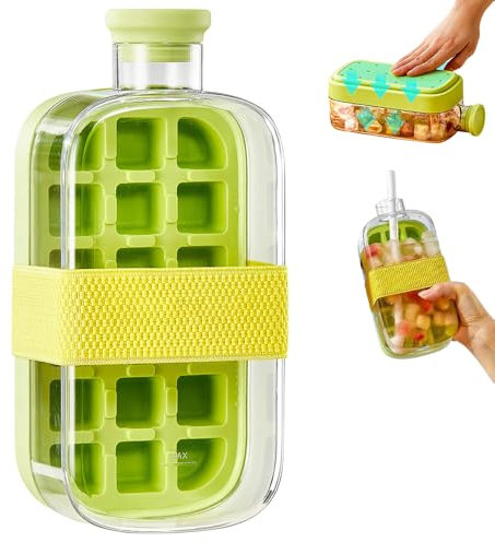 800ML Ice Cube Bottle with Straw, 2 in 1 Touch-Free Ice Cube Tray Water Bottle with Lid and Strap, Ice Cube Making Bottle for Home Ice Making for Freezer,Coffee, Juice,and Beverages (Green)