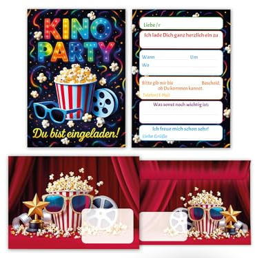 Junaversum 12 Einladungskarten inkl. 12 Umschläge zum Kindergeburtstag Kino Cinema Party Mädchen Jungen bunt Kinder Einladungen Geburtstag Geburtstagseinladungen Kids