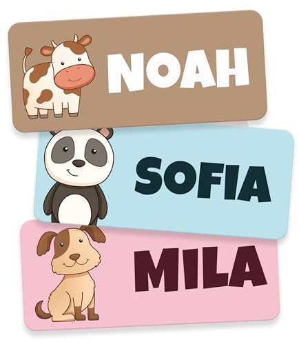 Namensaufkleber Kinder für Schule & Kita (60 Stk, Tiere) | Personalisiert & Waschmaschinenfest, Namensschilder für Kleidung, Namensetiketten, Klebeetiketten Namen Kinder
