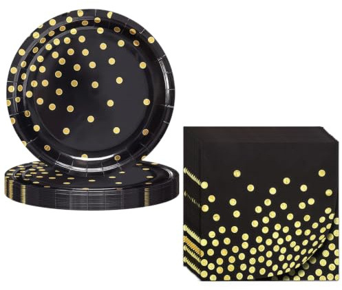 40PCS Black and Gold Paper Plates, 21st Gold and Black Plates for Weddings | Paper Plates and Napkins, Disposable Party Supplies, For Holiday Celebrations and Birthday Parties