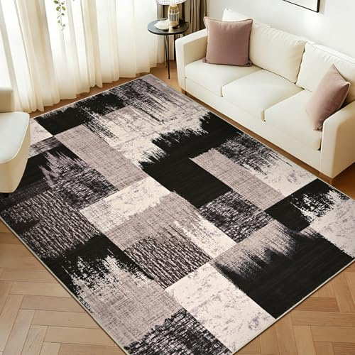Alishomtll Teppich Schwarz Braun 140x200 cm, Modern Geometrisch Teppich | Rutschfest Kurzflor Küchenteppich, Weich Waschbar Flurläufer für Wohnzimmer Schlafzimmer Arbeitszimmer Eingang