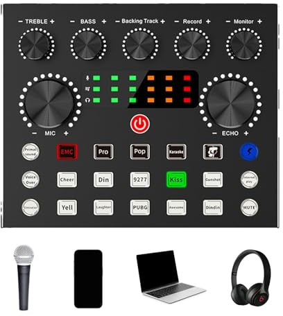 V8-Soundkarte für Musik – Soundkarte für Streaming-Mischer, 7 Modi Live Streaming Live Karaoke Sound Card Mixer Audio Mixer für PC-Aufnahme