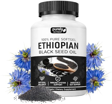 Purely Nutrient Ethiopian Black Seed Oil, Purely Ethiopian Black Seed Oil Capsules 4.64% Thymoquinone, Organic Cold Pressed Black Cumin Seed Oil Softgels, Non-GMO, Gluten-Free, 60 Softgels