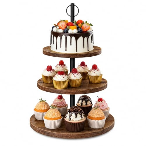 3-Etagen Kuchenständer aus Holz, Cupcake-Ständer Stabil | Tortenplatte Drehbar, Tortenständer Zerlegbar für Cupcakes, Donuts & Kekse, Etagere Holz für Hochzeit, Geburtstag & Party