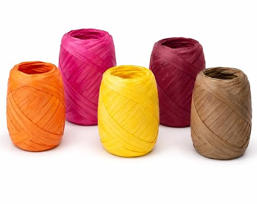Papierband Raffiabast 5 Rollen Set je 20m - Geschenkband Raffia Papier Schnur Craft Verpackung - Bastband Papiergarn zum Binden Verzieren - Bänder für Geschenke Dekorationen - Herbst Mix