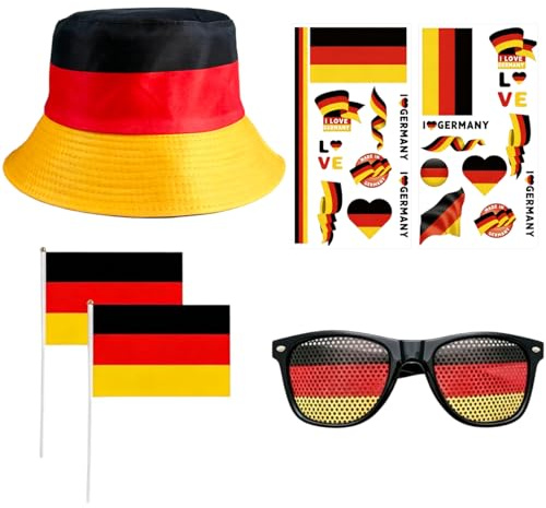 WWISTOA 6-Teiliges Deutschland Fanartikel Set，Zubehör mit Mütze, Brille, Fahne und Tattoos, Perfekte Fußball Deko für Fußball Party