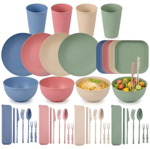 44pcs Unbreakable Tableware Sets for 4 People, Reusable Camping Plates and Bowls Set, Plastic Plates and Bowls Sets with Cups, Lightweight Serving Sets, Easy to Carry and Clean