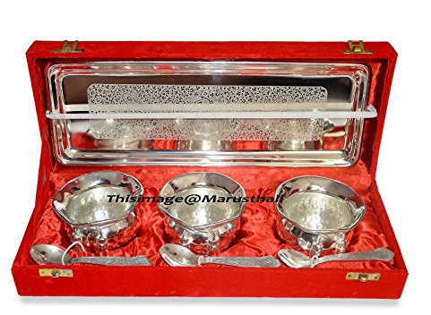 Marusthali Gold Plated Brass Indian Bowl Set Tray Spoon of 5 Pcs with Box Packing for Gift