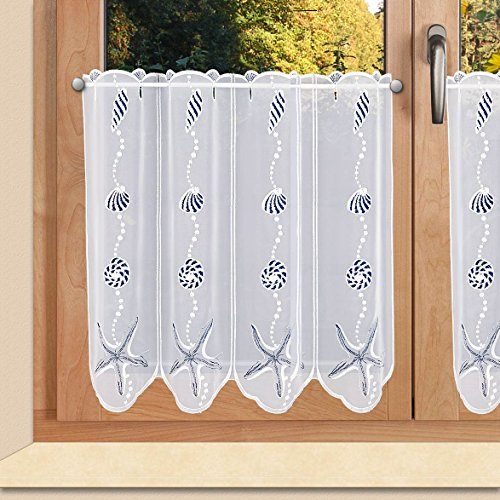 Maritime Scheibengardine Muschel und Seestern Vogtländische Spitze - Badgardine Unterwasser-Motiv in blau-weiß | Scheibenhänger Badezimmer & Ferienwohnung | Kurzgardine Höhe x Breite 50 x 80 cm