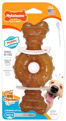 Nylabone Gentle Puppy Dog Ring Bone Teething Chew Toy, Chicken Flavour, Medium, for Puppies Up to 16 kg