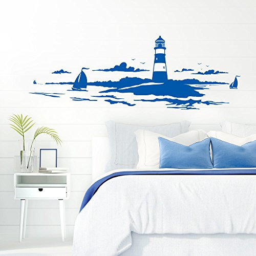 Grandora Skyline Küstenlandschaft Leuchtturm I azurblau 167 x 58 cm I Bad Wohnzimmer Schlafzimmer Aufkleber Wandaufkleber Wandsticker Modern W974