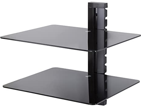 mahara Black Glass Floating Shelves - Two Tier Shelf Unit with Tempered Glass & Black Cable Management - For TV,AV & Gaming - 38cm x 28cm - 10Kg Max