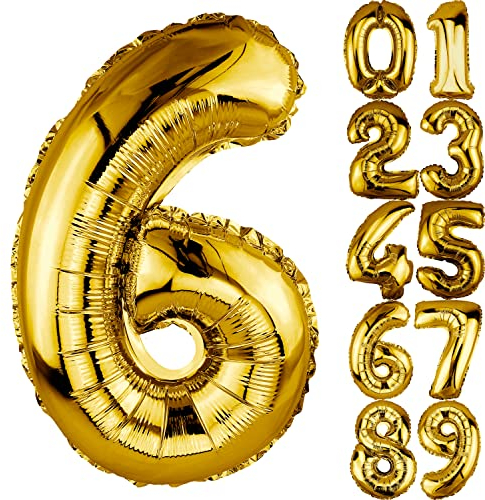 DekoRex Folienballon Gold 40cm Geburtstag Jubiläum Hochzeit Deko (Zahl 6)