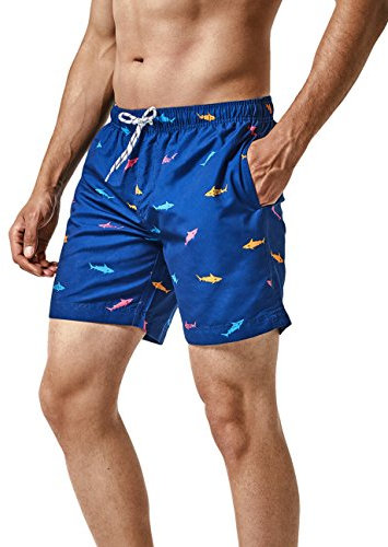 MaaMgic Mens Quick Dry Swim Trunks with Mesh Lining Flamingo Boardshorts, Fish2, Large ( Waist:33''-35'' )