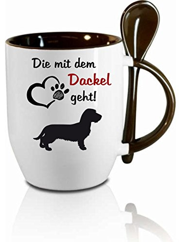 Tasse m. Löffel Die mit dem Dackel geht - Löffeltasse, Kaffeetasse mit Motiv,Bürotasse, bedruckte Tasse mit Sprüchen oder Bildern - auch individuelle Gestaltung nach Kundenwunsch (schwarz)