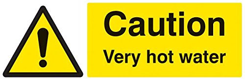 Panneau « Caution Very Hot Water », Rp, hauteur extérieure 100 mm, largeur extérieure 300 mm, couleur du panneau noir sur jaune, panneau légende Caution Very Hot Water, matériau du panneau en