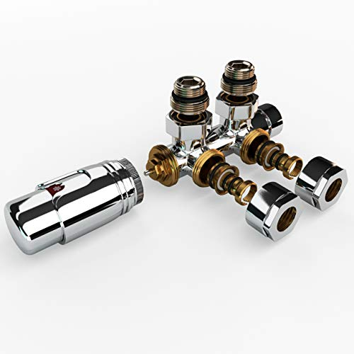Design Multiblock für Heizkörper – Mittelanschluss-Set in Eckform Chrom mit 50 mm Nabenabstand – Hahnblock, Thermostatventil, Anschlussarmatur für Kunststoff- und Kupferrohre