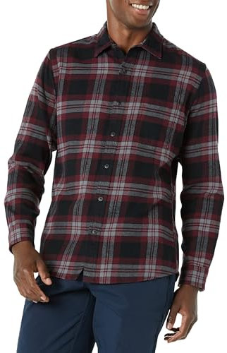 Amazon Essentials Chemise Ajustée en Flanelle à Carreaux avec Boutons et Manches Longues Homme, Noir Bordeaux Écossais, M