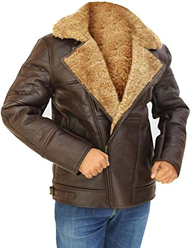 HiFacon Braune Fliegerjacke aus Schaffell für Herren, RAF, britisch, 2. Weltkrieg und 2. Weltkrieg, echtes Kunstfellimitat, Lederjacke, Lederjacke für Herren Gr. XL, Braun – echtes Leder