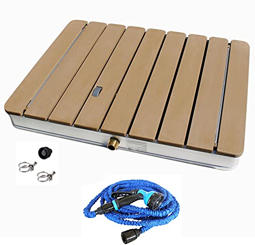 @tec Bodendusche Set aus Gartendusche und Wasserschlauch 15m, Campingdusche aus WPC zum Campen Garten