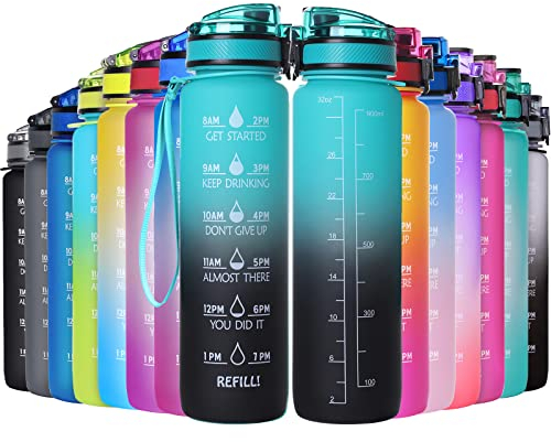 GeeRic Bottiglia Acqua 1 Litro, 1000ML Borraccia Sportiva Portatile Bottiglia Sportiva Scala/Cannuccia/Indicatore di Tempo Prova di Perdite Borraccia Bici 1L per Palestra,Sport,Ciclismo Verde/Nero