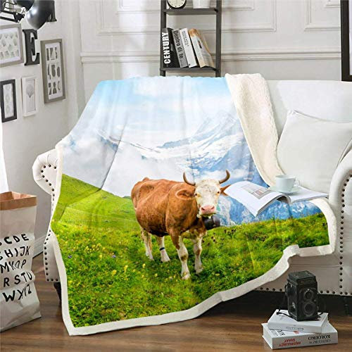 Homewish Kühe Überwurfdecke Grünlandkuh Plüschdecke für Kinder Jungen Mädchen Bauernhaus Tier Bettdecke Schneeberg Natur Fuzzy Decke Grün Blau Braun Fleecedecke, 130 x 150