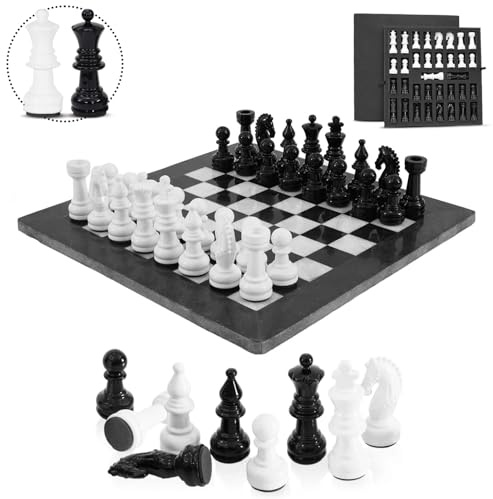 Marblous Krafts Schachspiel, 38,1 cm, schwarz-weiß, mit 32 Metallfiguren und 2 zusätzlichen Königinnen und Marmorplatte – großes handgefertigtes Schach- und Schachspiel für