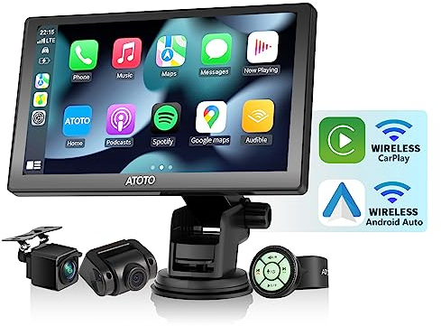 ATOTO Wireless Carplay with 1080P Dash Cam & Backup Camera, 7 Inch Touch Screen Portable Android Auto Car Stereo with Steering Wheel Control, WDR & Auto Dimmer, OTA Upgrade, P807PR
