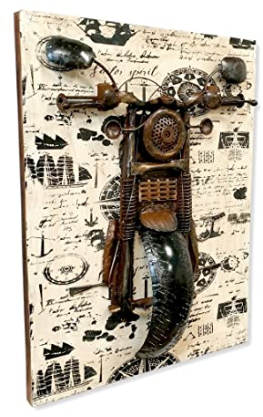 Metall Wandbild Motorrad auf heller Holz Leinwand 61 x 78cm Wand-Deko retro look vintage Skulptur