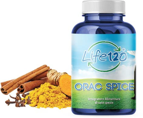 Life 120 - Orac Spice - Integratore combinato di spezie – Curcuma, Pepe, Cannella, Chiodi di garofano, azione Antiossidante, Zenzero, Origano, Regolarità Transito Intestinale – 240 compresse
