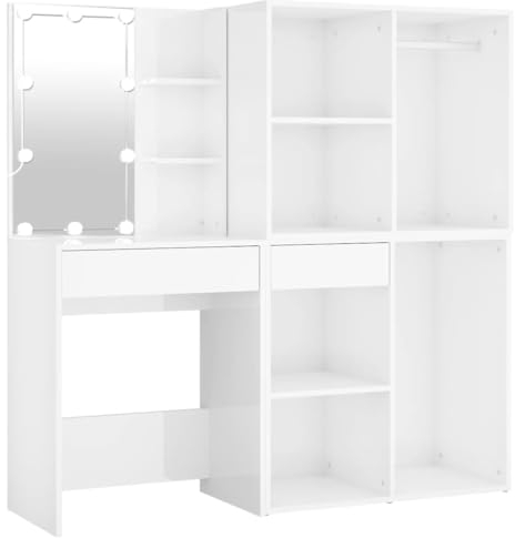 vidaXL LED Schminktisch, Kosmetiktisch mit 2 Schränken Spiegel, Frisiertisch für Schlafzimmer, Schminkkommode Frisierkommode, Hochglanz-Weiß Holzwerkstoff