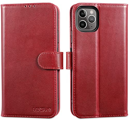 LENSUN Echtleder Hülle für iPhone 11 Pro, Handyhülle [Premium Echtes Leder][Magnetverschluss][RFID Schutz Kartenfach] Handytasche Lederhülle - Weinrot
