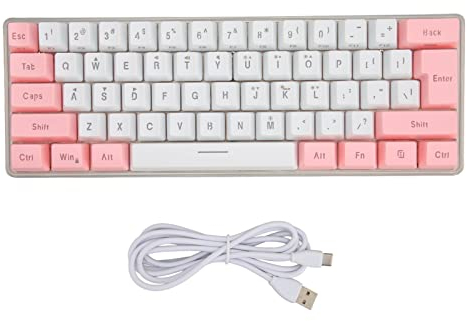Gaming Tastatur, 61 Tasten, RGB Kühles, Lichtdurchlässiges Design, 8 Einfarbige Beleuchtung, 5 Stufige Hintergrundbeleuchtung, Kabelgebundene Tastatur, Fn Composite Taste für Bürospiele(Weiß)