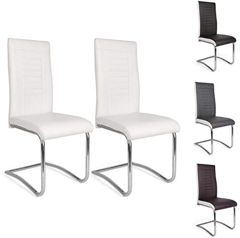 Mingone Schwingstuhl Freischwinger Stühle 2er Set Esszimmerstühle mit Hoher Rücklehne Küchenstühle Kunstleder mit Verchromt Beine Retro für Wohnzimmer Konferenzraum ,Weiß
