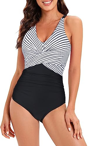Century Star Maillot de bain femme ventre plat maillot de bain femme grande taille maillot de bain avec armatures maillots de bain pour femme, Rayé noir et blanc., 44-46