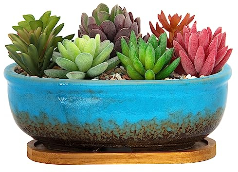 ARTKETTY Vaso per piante grasse, 20 cm, rettangolare, per piante da interno, bonsai in ceramica, con vassoio di drenaggio, piccolo vaso per fiori, casa, giardino, finestra