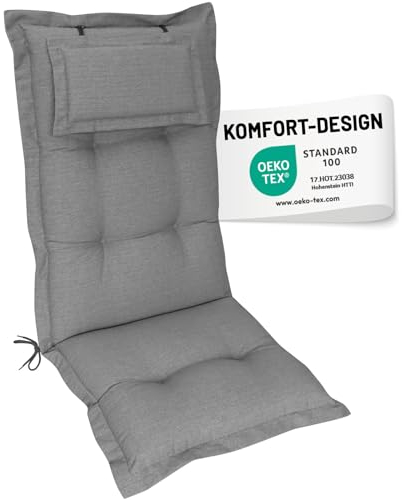 Herlag Hochlehner-Gartenstuhlauflage AVA 123x50x9cm | Extra Dicke Sitzauflage 9 cm mit Kopfpolster | Polsterauflage mit Deluxe-Komfort | Öko Tex 100 | 1 Polster | Grau