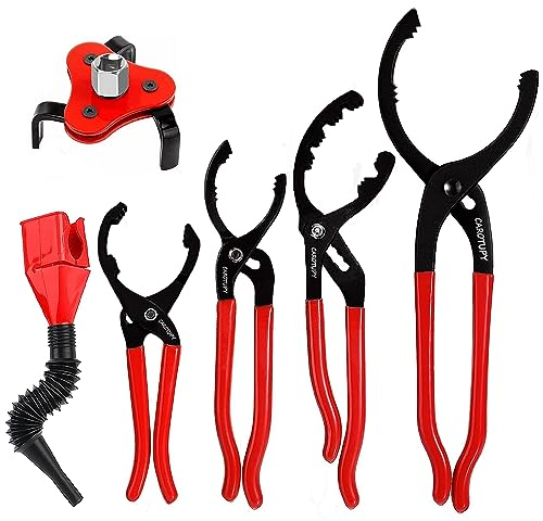 CAROTUPY 6Pcs Oil Filter Removal Tool Set, Universal Oil Filter Wrench with Oil Funnel Set, 10 & 12 & 14 & 16 Premium Oil Filter Pliers Set 1-1/4 to 8-1/2 for Oil Change