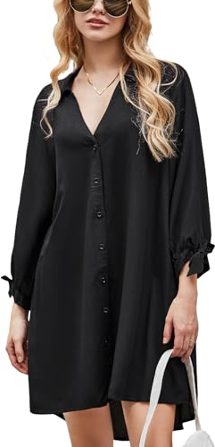 CUPSHE Damen Blusenkleid V Ausschnitt Knopfleiste 3/4 Arm Lockeres Sommerkleid Freizeitkleider Bikini Cover Up Hemdblusen Shirt Mini Dress Schwarz XL
