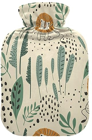 Tropische lustige Löwen Wärmflasche mit Bezug, Wärmflaschen zur Schmerzlinderung, Handfußwärmer, Heizflaschen für Frauen, 1L