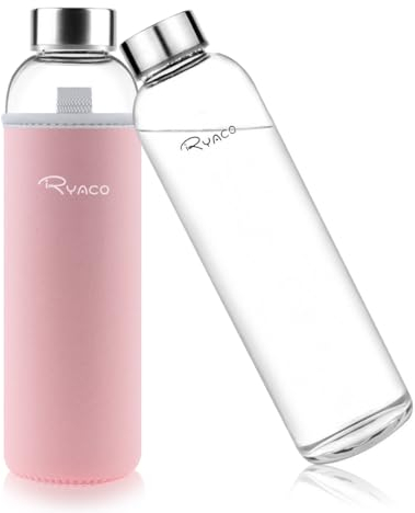 Ryaco Glasflasche 1 liter/1L/1000ml - Trinkflasche Wasserflasche Glas mit Neoprenhülle - Flasche Glas mit Schwammbürste - Glastrinkflasche für kohlensäurehaltige Getränke-spülmaschinenfest