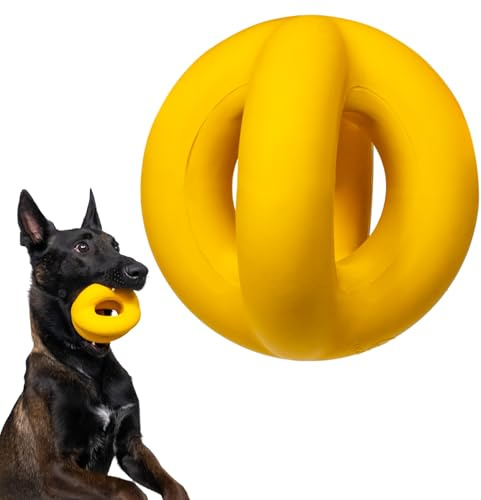 WoofBite Unzerstörbarer Ringball – lebenslanger Ersatz – Starkes, Robustes, aggressives Kauen, mittelgroße und große Rassen – ungiftiges Hundespielzeug aus Naturkautschuk – Gelb – Zerren und