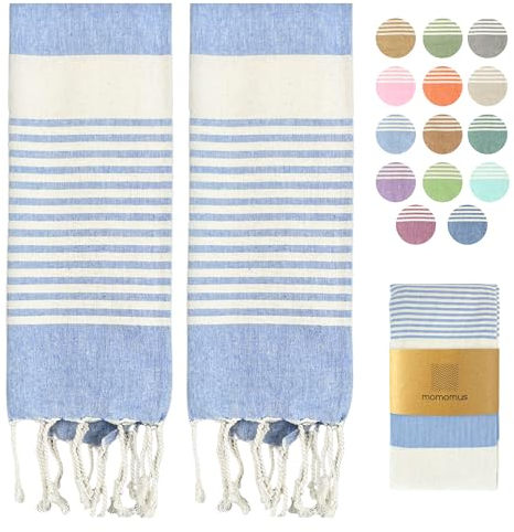 MOMOMUS Pack von 2 Fouta XL oder Strandhandtuch Baumwolle 100% - Saugfähig, Ultraweich, Kompakt - Ideal als Strandtuch, Hamamtuch und Saunahandtuch - Himmelblau, 90x180cm