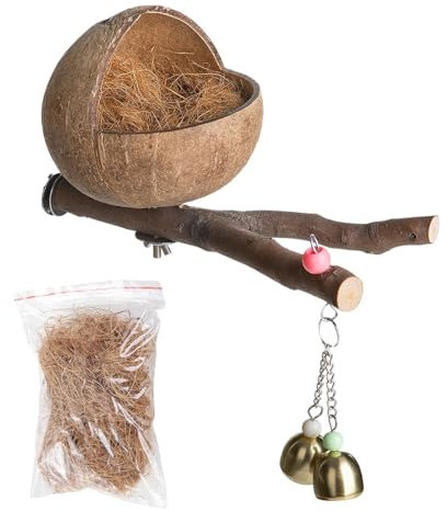 Shurzzesj Natürliches Kokosnuss-Vogelnest, Natürliche Kokosnussschale Vogelnest, Hamster-Kokosnuss-Hängematte, Hängende Vogelnesthöhlen, Kokos Gehäuse Vogel Nest Mit Zweigen Und Kokosraspeln