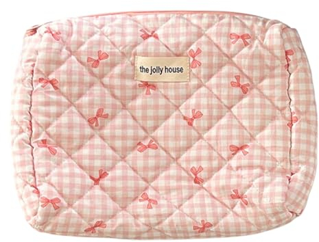 CRGANGZY Karierte Make-up-Tasche mit niedlicher Schleife und Reißverschluss, Make-up-Organizer, Aufbewahrungstasche, Baumwolle, gesteppt, Kosmetik-Organizer-Etui for Frauen und Mädchen (M, R