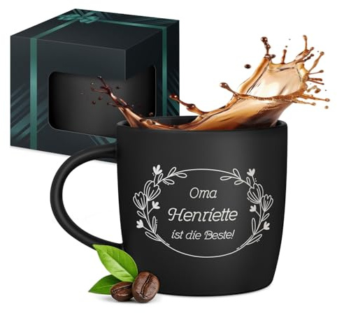 Maverton Keramik Kaffeebecher 400ml mit Gravur, schwarze Kaffeetasse | Aus Matt Keramik mit Henkel für Frauen zum Geburtstag zu Weihnachten, Trinkbecher matt schwarz, Innen schwarz, Blumen