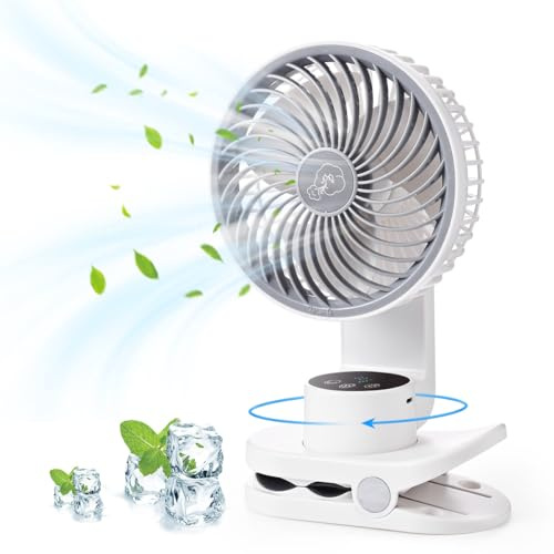 Onnilife Tragbarer Ventilator zum Anklippen, 5000 mAh Akku, wiederaufladbarer Ventilator mit Led Anzeige, 360°Drehung, tischventilator sehr leise für Schlafzimme Büro Ausflüge Auto Camping Zuhause
